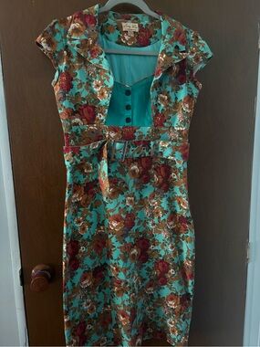 Lindy Bop Teal Floral Belted Midi Dress